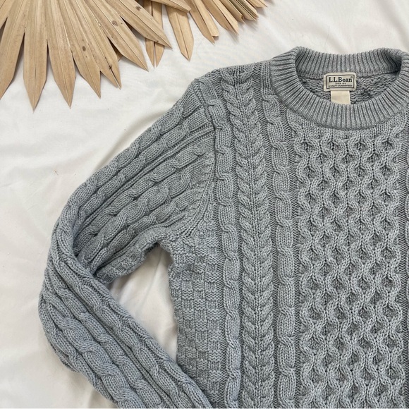 Vintage L.L. Bean Grey Chunky Fisherman Cable Knit Oversized Preppy Crew Sweater - Picture 4 of 8